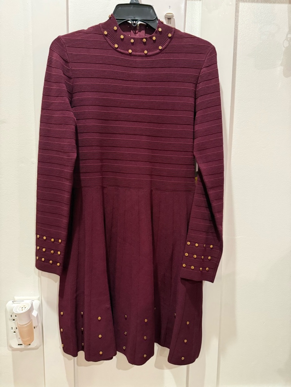 Vince Camuto Burgundy Ribbed Knit Dress with Gold Studs